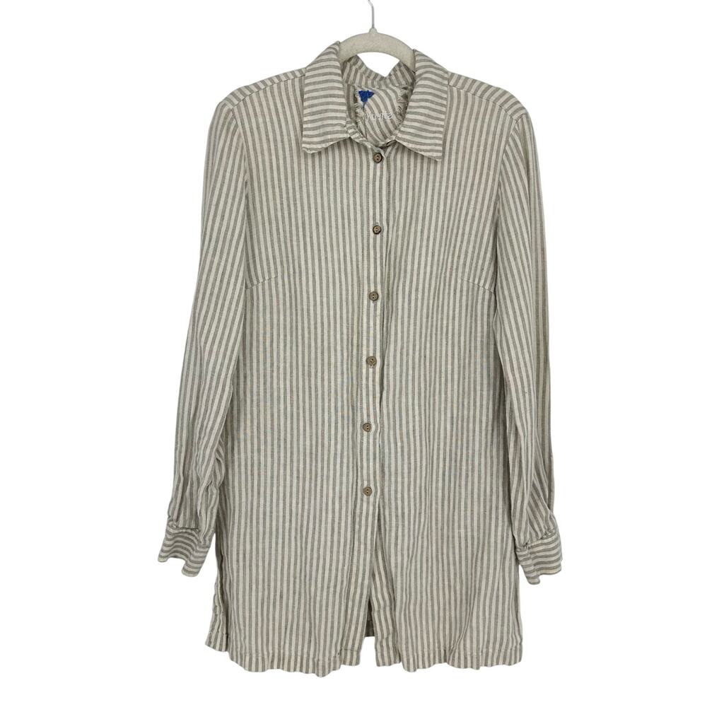 Yuvita 100% Linen Shirt Size S Striped Neutral Cream Lagenlook Minimalist Beach